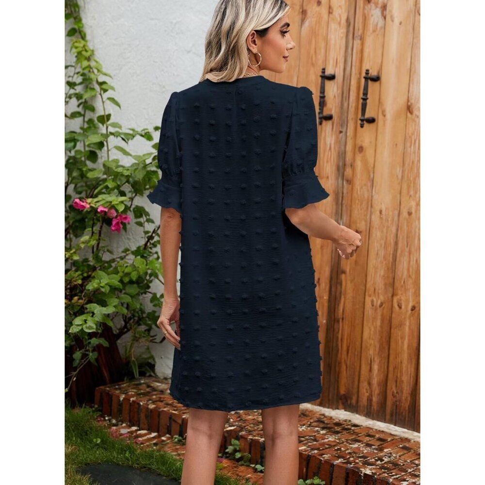 Women Royal Blue Polyester V-Neck Loose Fit Short Sleeve Knee Length Shift Dress - Picture 5 of 6